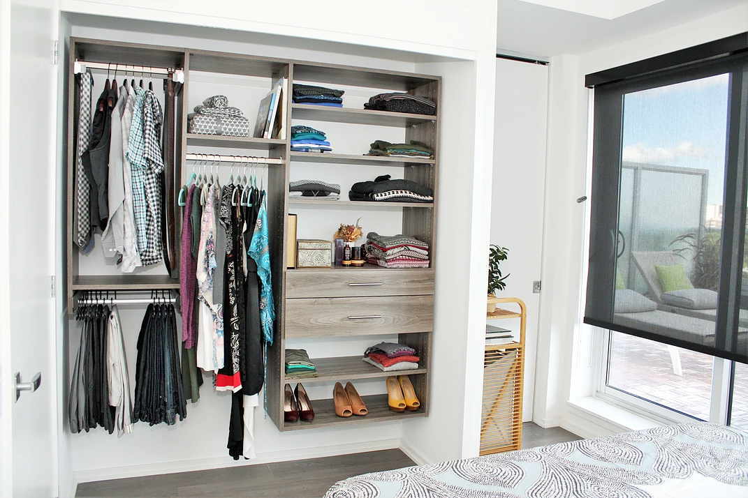 Reach-in Closet with Adjustable Shoe Organizer