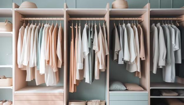 well organized closet full of hanging clothing